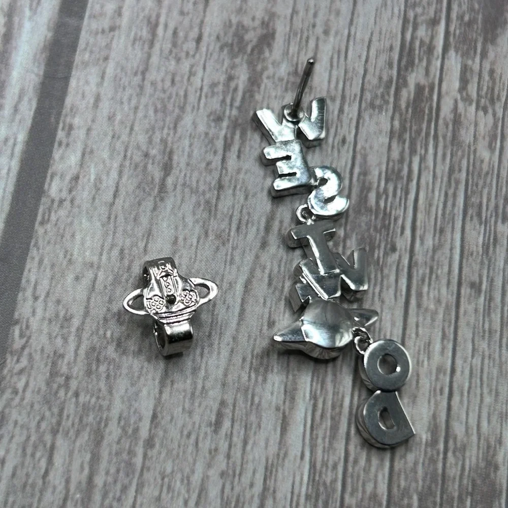 VIVIENNE WESTWOOD Soho Enamel Drop Logo Letter Earrings Blue Silver Crystal Orb - Picture 10 of 14